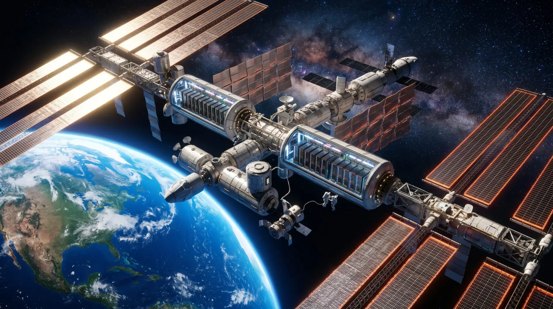 space-based data centers orbiting Earth with solar arrays and radiator cooling panels in Low Earth Orbit