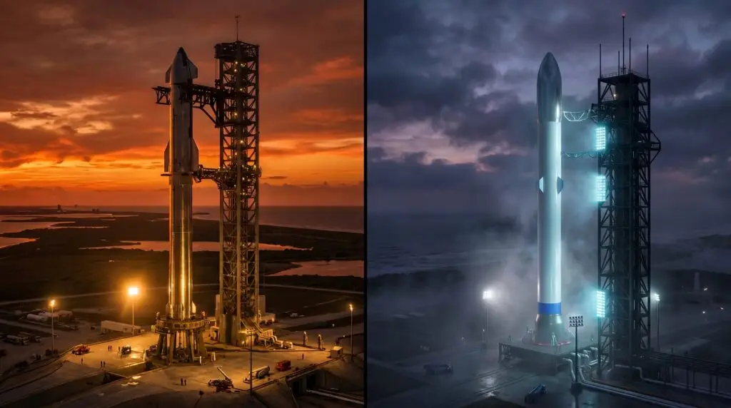 SpaceX Starship and Blue Origin New Glenn heavy-lift rockets side by side representing the commercial space race for orbital infrastructure