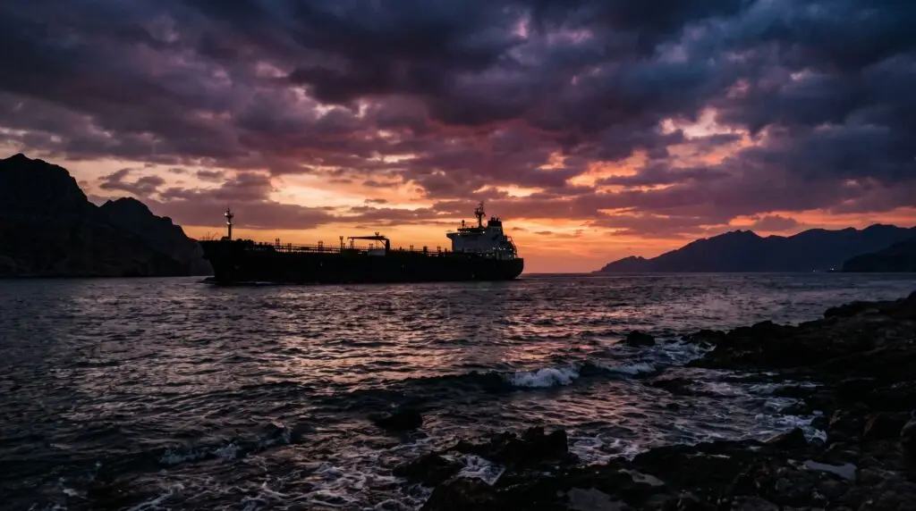 Tanker silhouetted against sunset sky in the Strait of Hormuz after the Pakistan-brokered US Iran ceasefire deal

