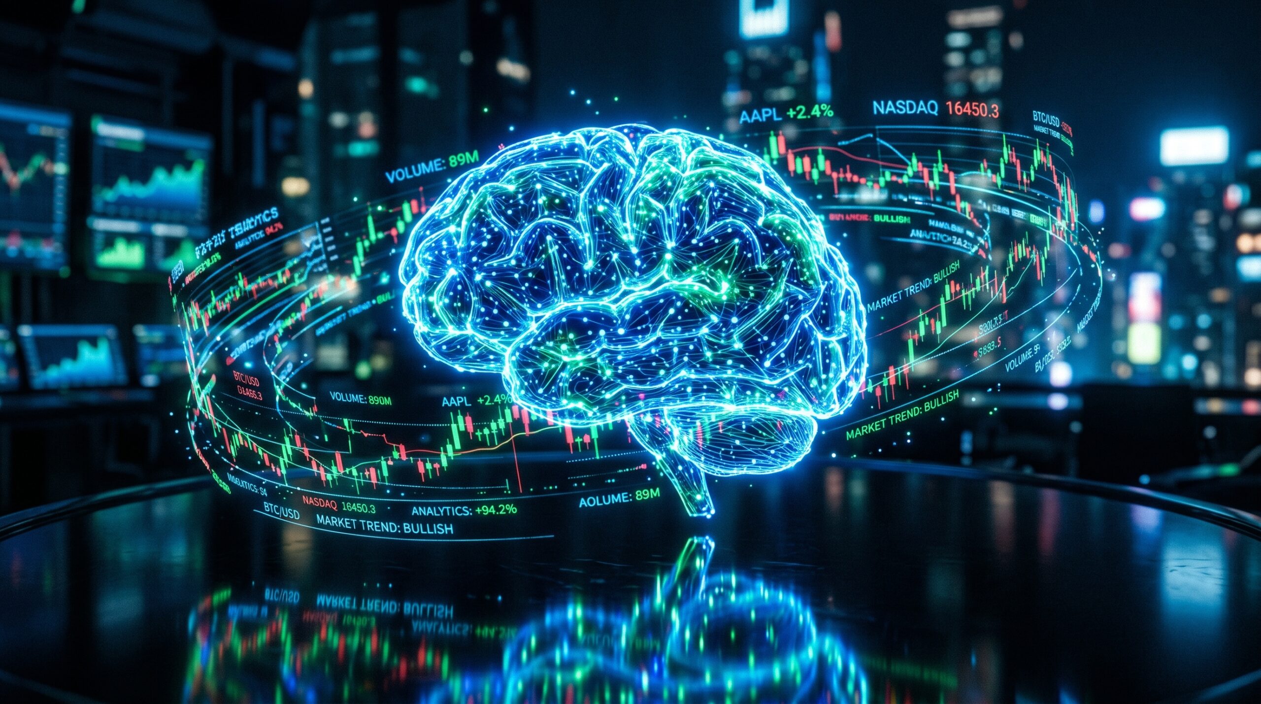 An artificial intelligence brain analyzing financial charts and stock market data.
