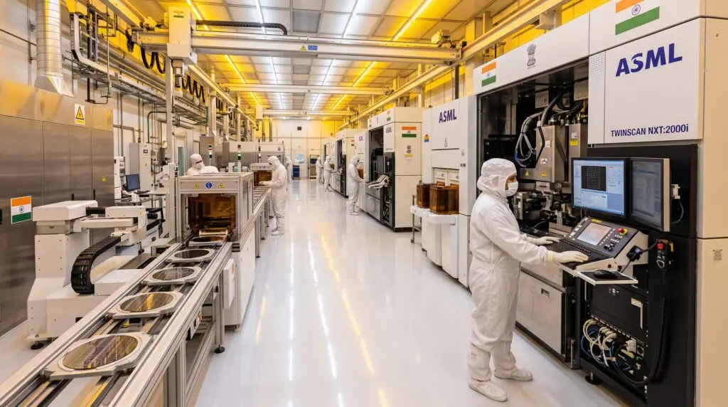 India semiconductor fabrication hub cleanroom with ASML lithography machines and engineers in protective suits