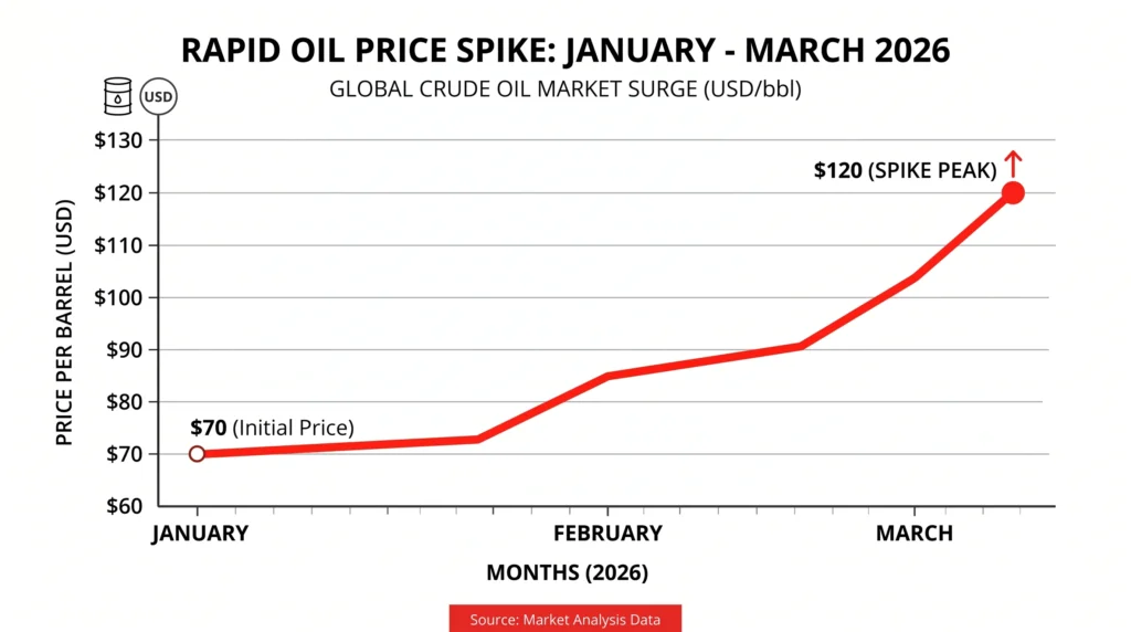 Oil price chart showing Brent Crude surge above $120 barrel during Strait of Hormuz blockade 2026
