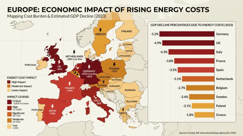  Europe energy costs infographic showing GDP impact of Strait of Hormuz blockade energy crisis 2026