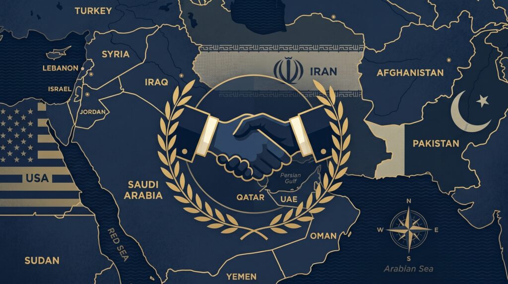 Illustration of Pakistan mediating the US Iran deal with Asim Munir shuttle diplomacy over a Middle East map
