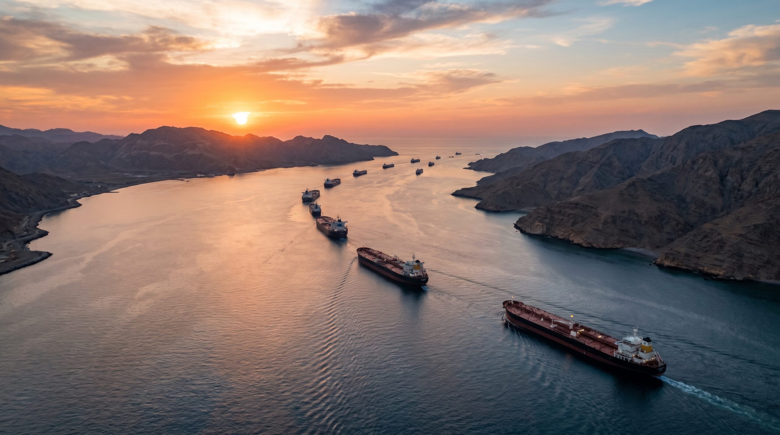 Aerial view of oil tankers navigating the Strait of Hormuz at sunset after the Asim Munir shuttle diplomacy US Iran deal