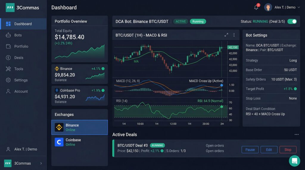 3Commas AI cryptocurrency trading bot dashboard showing DCA and Grid bot strategy automation across multiple exchanges