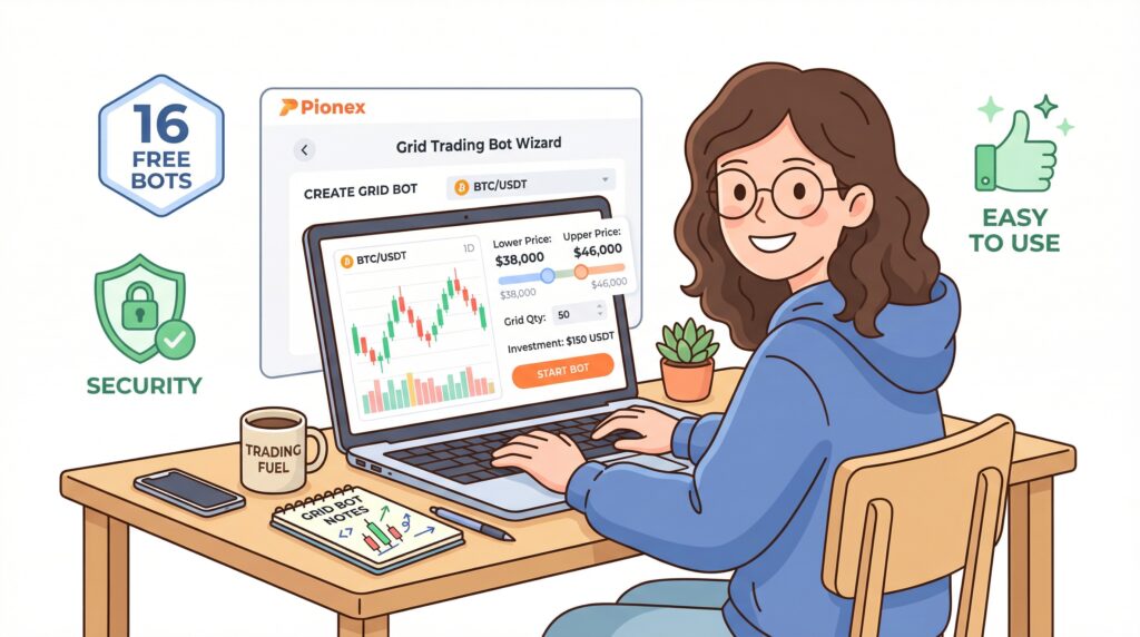 Pionex free AI cryptocurrency trading bots for beginners — Grid Bot and DCA Bot built into native exchange with zero monthly fees