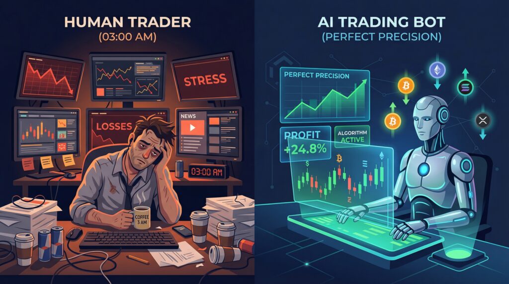 AI cryptocurrency trading tools compared to manual trading — automated crypto bot analyzing Bitcoin and Ethereum charts 24/7
