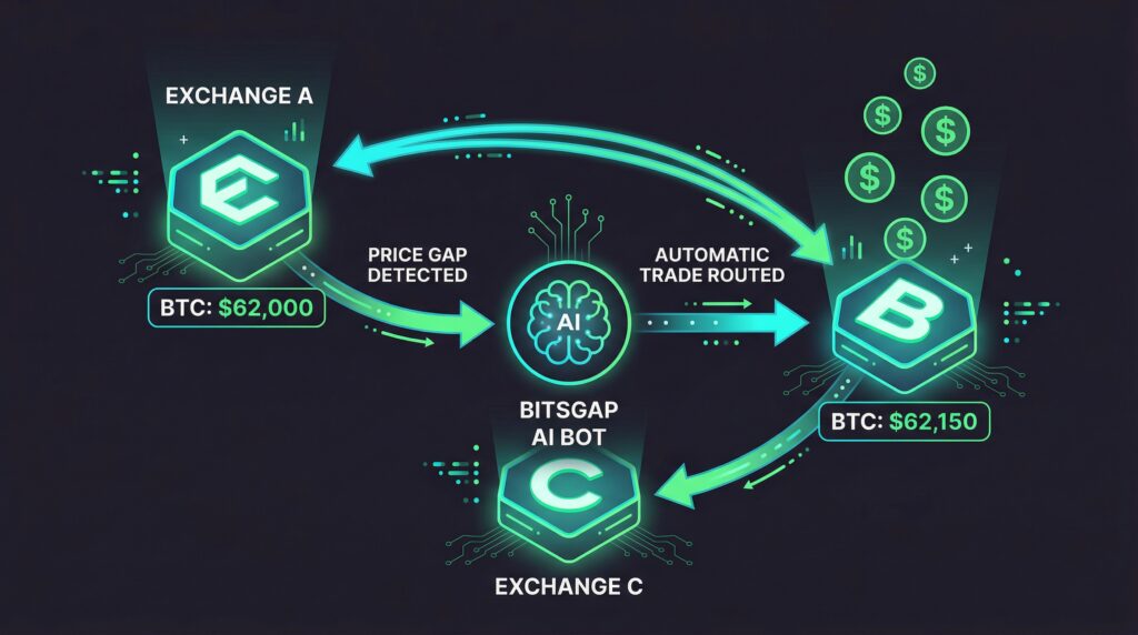 Bitsgap AI cryptocurrency arbitrage bot scanning price differences across 15+ crypto exchanges for automated profit opportunities