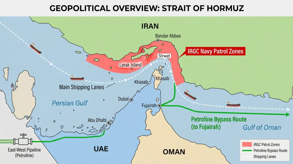Strait of Hormuz map showing Iran blockade shipping lanes and Petroline bypass route 2026