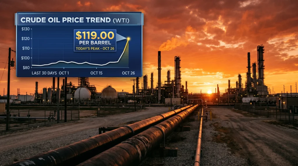 Crude oil prices spike to $119 per barrel during Iran conflict Strait of Hormuz crisis 2026