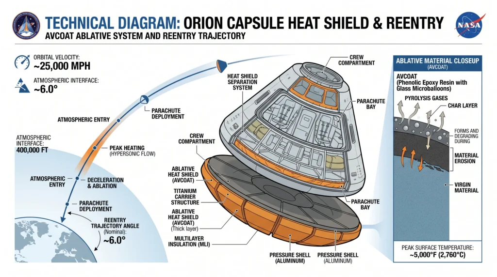 NASA Orion heat shield diagram for Artemis II modified reentry trajectory