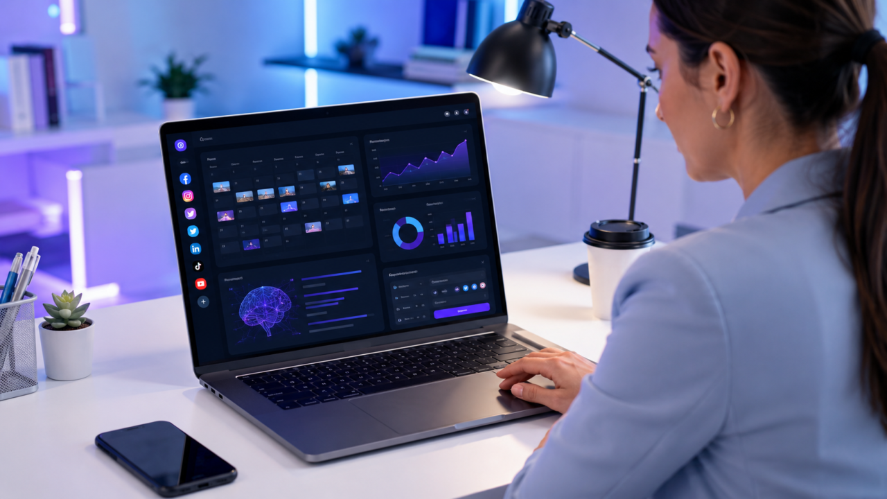 AI tools for social media marketing dashboard with content calendar and analytics
