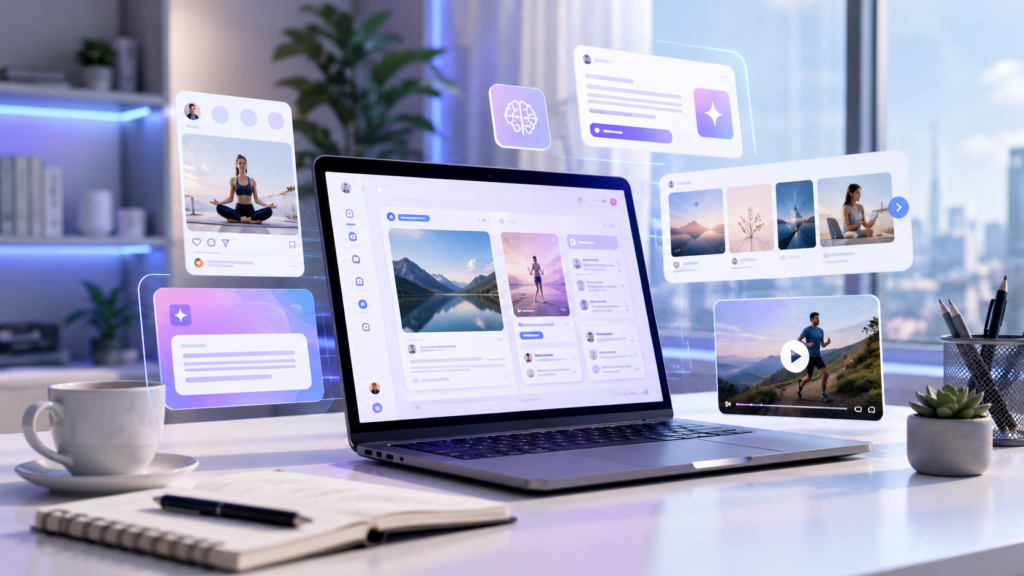 AI tools for social media content creation showing captions and post designs