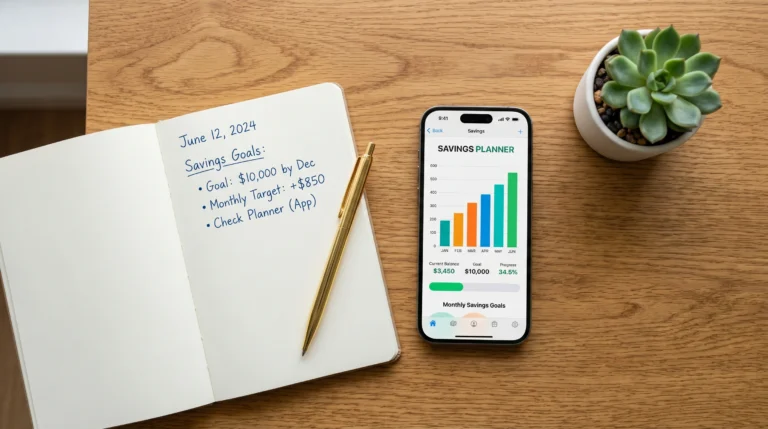 AI tools for expense tracking and saving money savings goals chart on smartphone