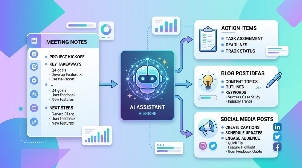 Notion AI transforming meeting notes into action items, blog ideas, and social media posts.
