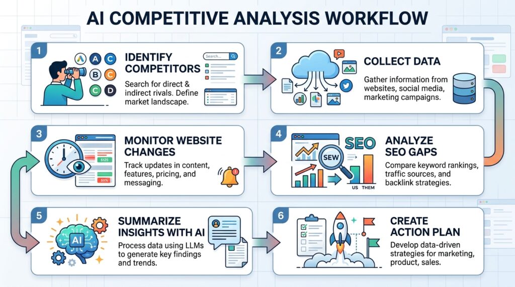 Step-by-step AI competitive analysis workflow from competitor tracking to action plan