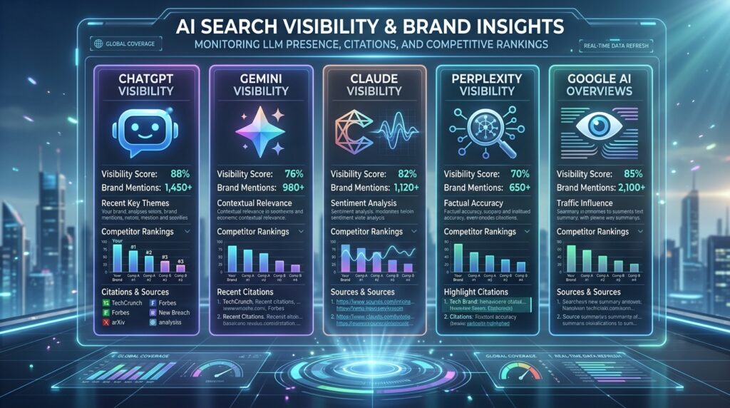 AI search visibility dashboard tracking brand mentions and competitor citations across AI search tools