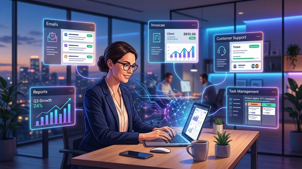 Business owner using AI to automate business tasks on a laptop