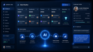 AI-powered CRM dashboard showing sales pipeline automation and customer data insights