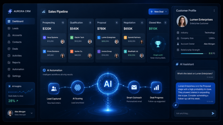 AI-powered CRM dashboard showing sales pipeline automation and customer data insights
