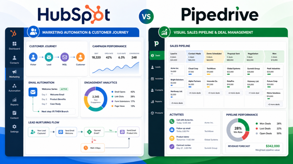HubSpot vs Pipedrive CRM comparison for sales and marketing teams