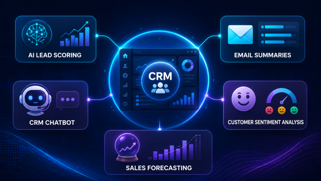 AI CRM use cases including lead scoring chatbots and sales forecasting
