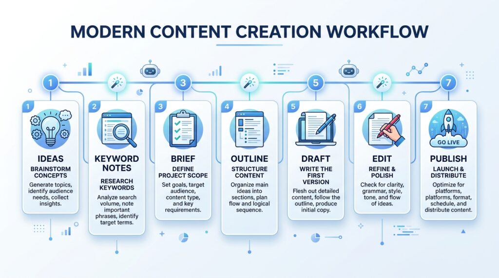 Step-by-step Notion AI content workflow from idea capture to publishing.