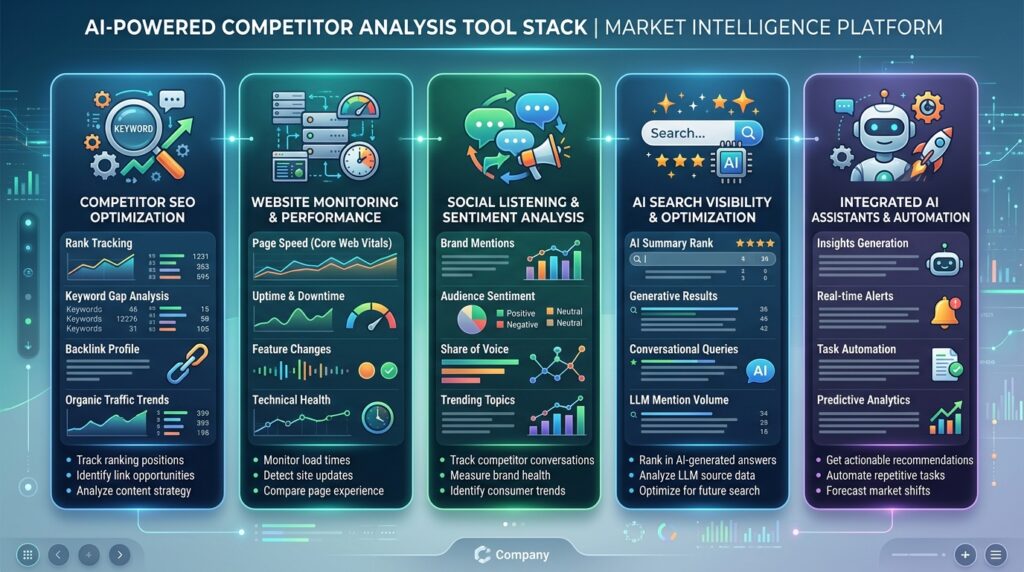 AI competitor analysis tool stack for SEO, website monitoring, social listening, and AI search visibility