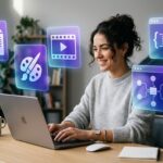 Best free AI tools in 2026 workspace with floating cards for writing design video coding and automation