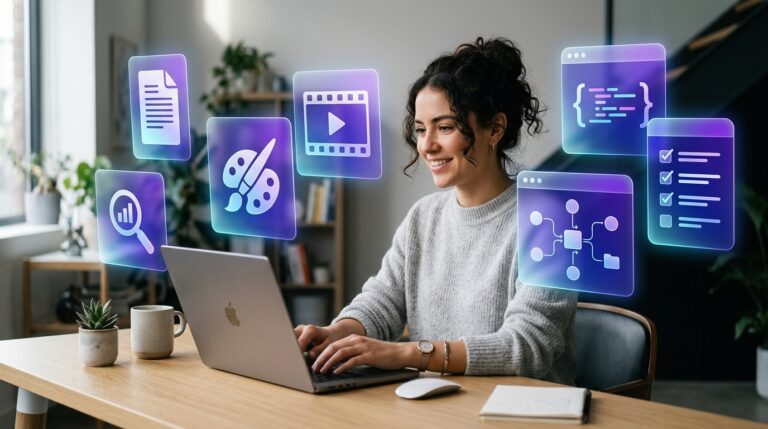 Best free AI tools in 2026 workspace with floating cards for writing design video coding and automation