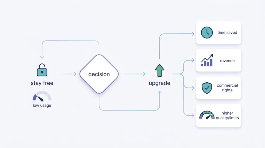 Free vs paid AI tools upgrade decision flowchart for 2026 based on time revenue rights and quality