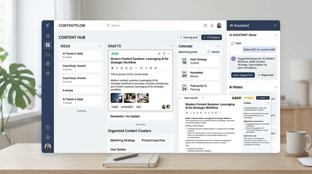 Notion AI content dashboard showing ideas, drafts, calendar, and AI notes for faster content organization.