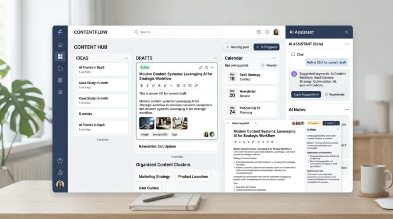 Notion AI content dashboard showing ideas, drafts, calendar, and AI notes for faster content organization.
