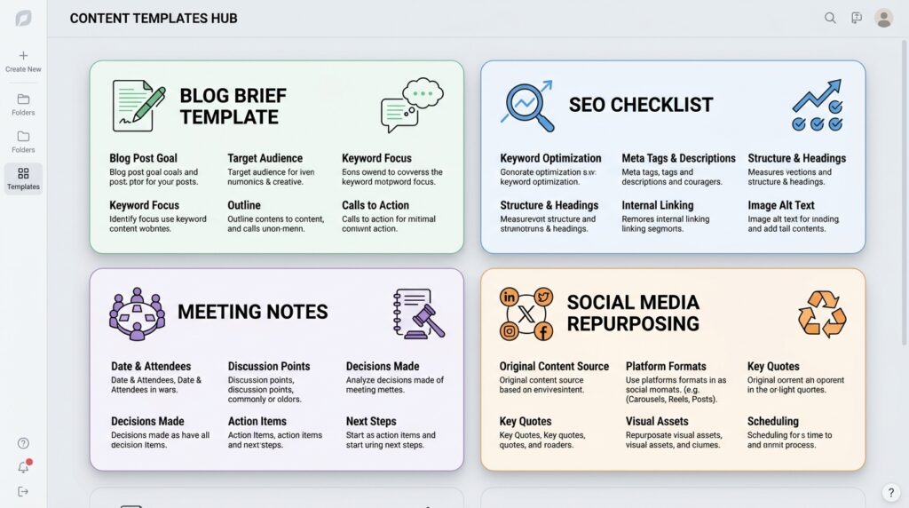 Reusable Notion templates for blog briefs, SEO checklists, meeting notes, and social media planning.