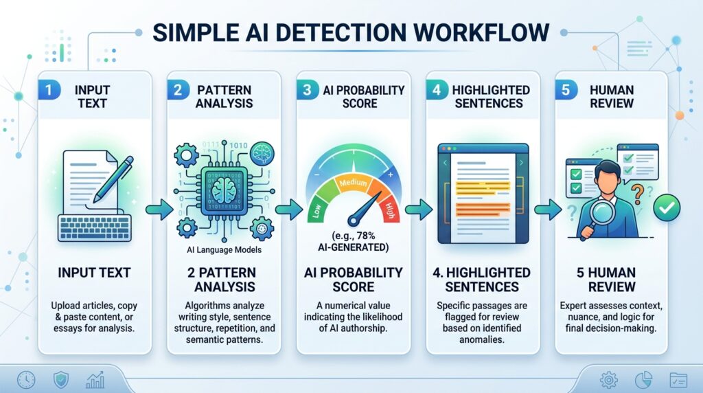 AI detector workflow showing text analysis and human review