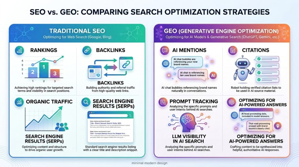 GEO vs SEO comparison infographic for AI search visibility
