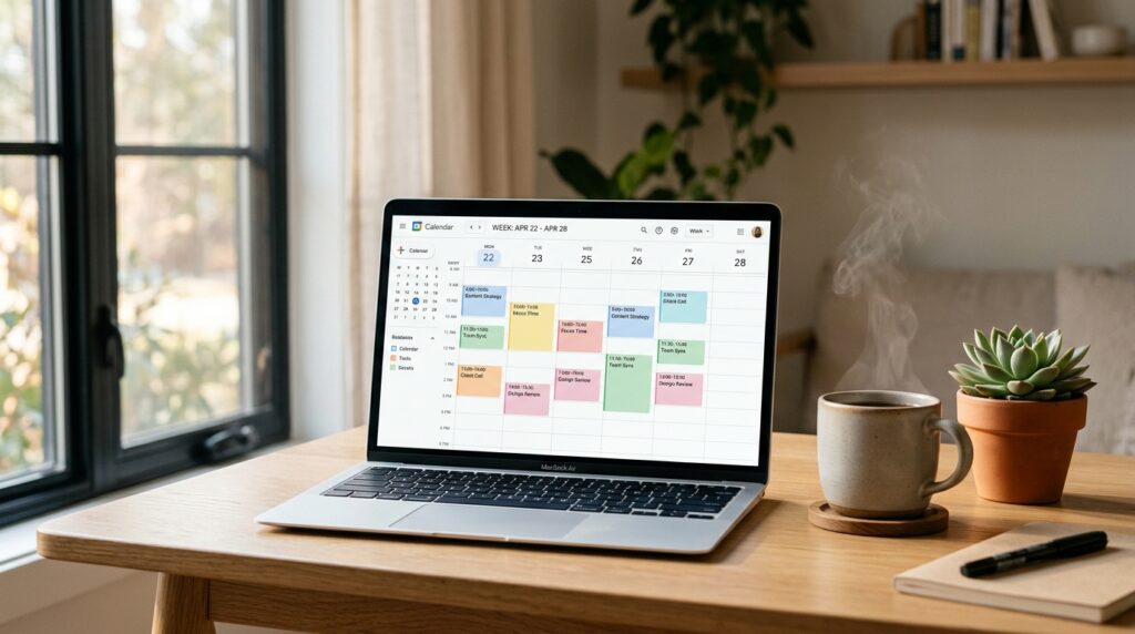 Minimalist desk setup with a laptop showing AI productivity tools and a time-blocked calendar