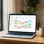 Minimalist desk setup with a laptop showing AI productivity tools and a time-blocked calendar