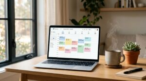 Minimalist desk setup with a laptop showing AI productivity tools and a time-blocked calendar
