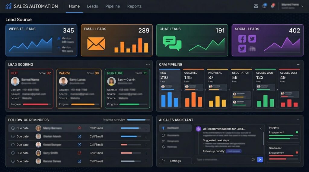 AI sales lead management automation dashboardCaption: