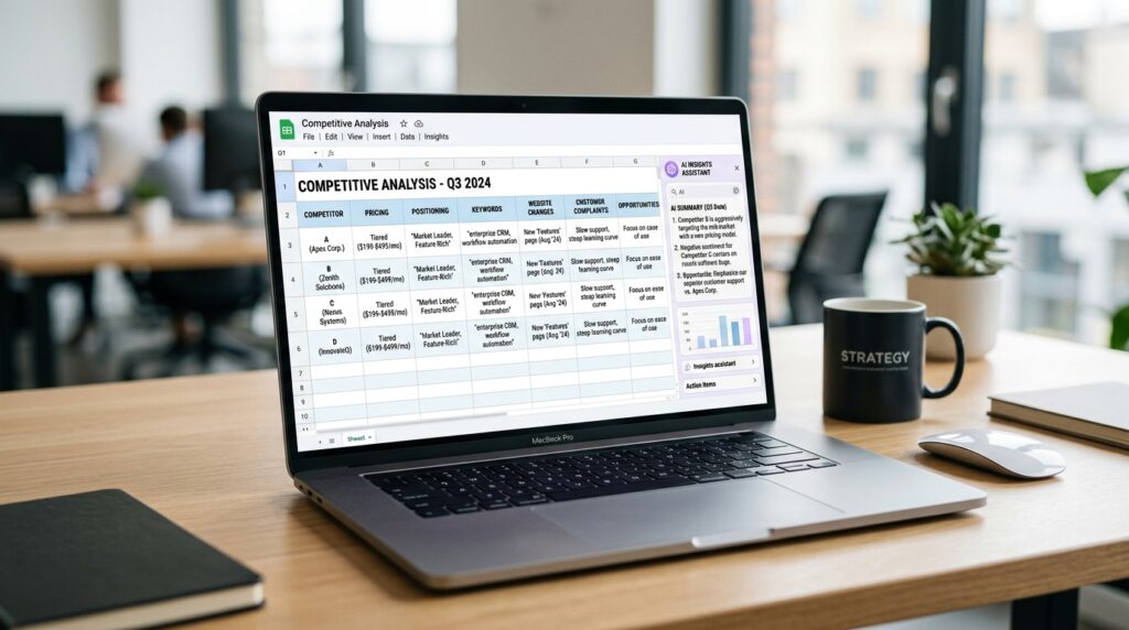 Competitive analysis template with competitor pricing, positioning, keywords, and AI-generated insights