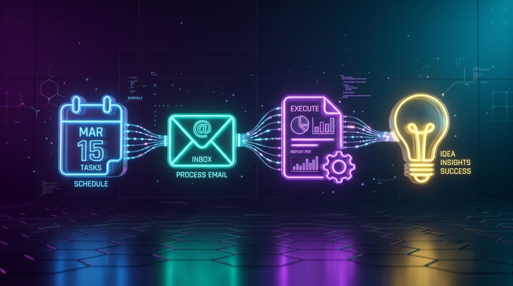 Diagram of connected AI productivity tools linking calendar, email, documents and automation