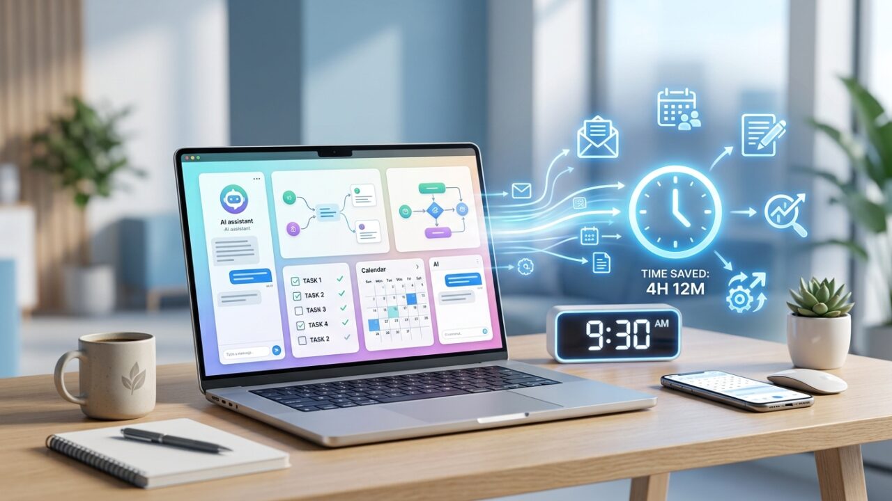 Save time with AI tools — professional productivity workspace showing automation and AI workflow