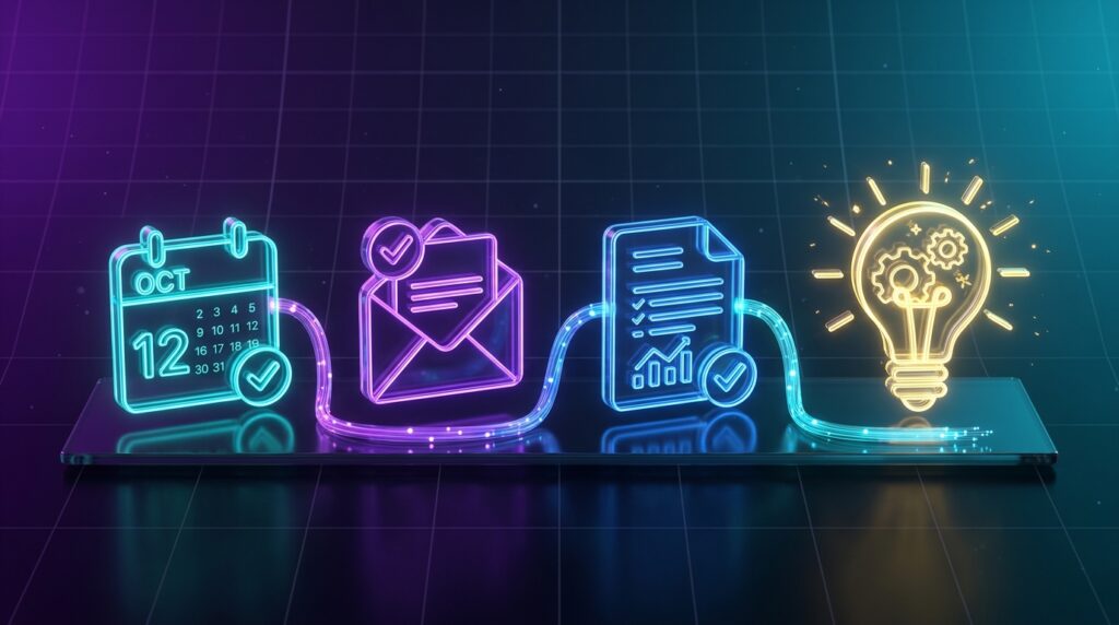 Diagram of connected AI productivity tools linking calendar, email, documents and automation