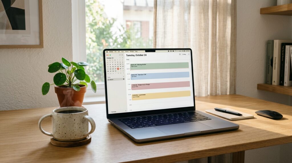 A minimalist desk with a laptop showing AI productivity tools and a time-blocked calendar