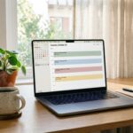 A minimalist desk with a laptop showing AI productivity tools and a time-blocked calendar