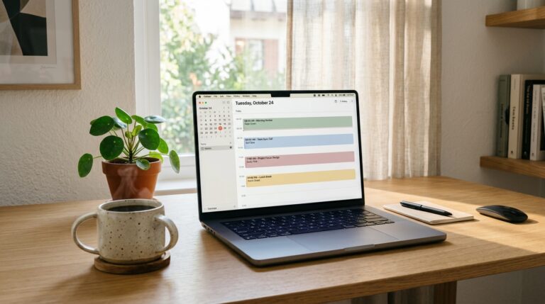 A minimalist desk with a laptop showing AI productivity tools and a time-blocked calendar